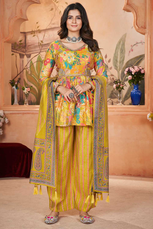 Fashionable Yellow Color Readymade Art Silk Palazzo Suit