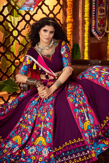 Navratri Specia Purple Real Mirror Work Lehenga Choli For Garba