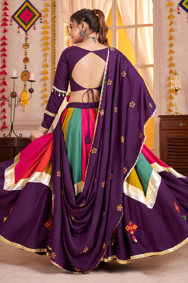 Purple Viscose Cotton Embroidered Mirror Work Readymade Lehenga For Navratri Celebrations