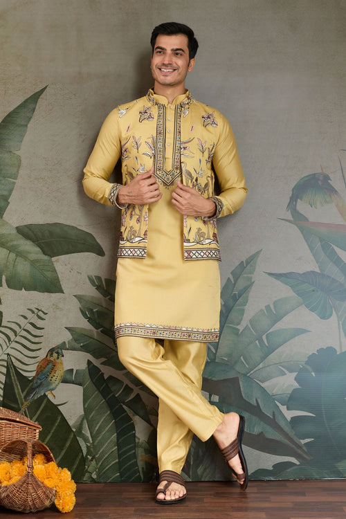 Yellow Viscose Silk Sangeet Wear Trendy Readymade Kurta Pyjama For Men With Jacket Set
