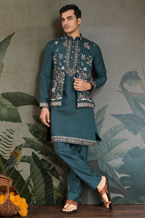 Teal Green Sangeet Wear Readymade Lovely Kurta Pyjama For Men With Jacket