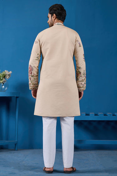 Pretty Viscose Silk Sangeet Wear Readymade Men Kurta In Beige Color