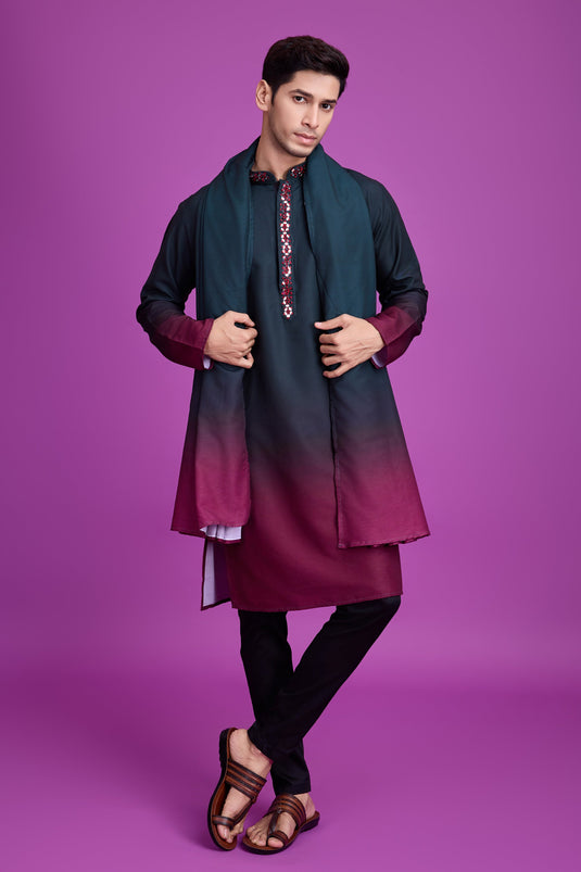 Teal Color Readymade Rayon Fabric Kurta For Men