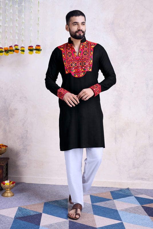 Festive Wear Readymade Kurta For Men In Black Rayon Fabric