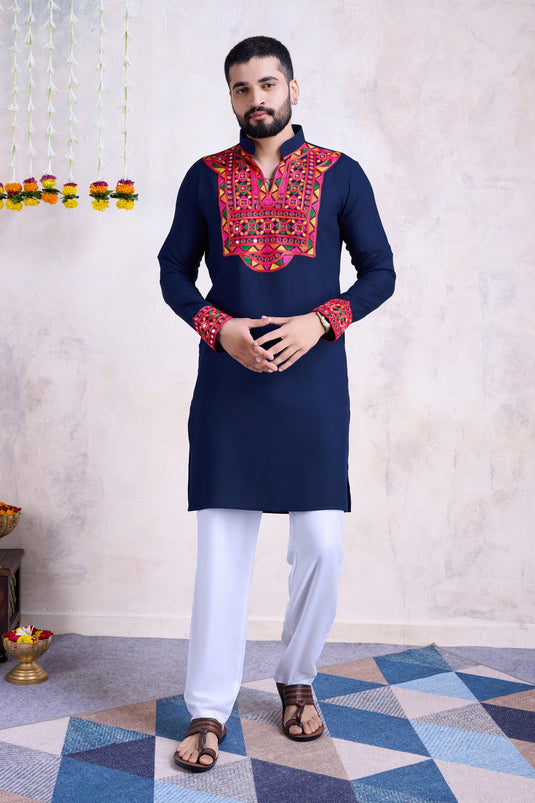 Sangeet Wear Readymade Kurta For Men In Rayon Fabric Navy Blue Color