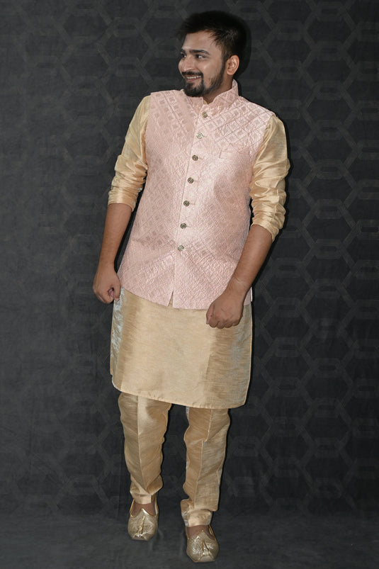 Art Silk Fabric Readymade Men Kurta Pyjama With Pink Color Modi Jacket