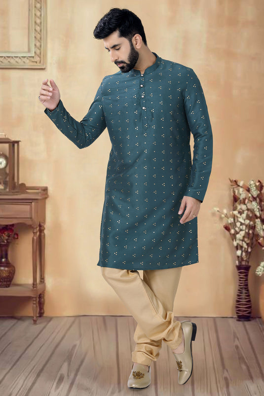 Teal Color Reception Wear Readymade Silk Fabric Kurta Pyjama For Men