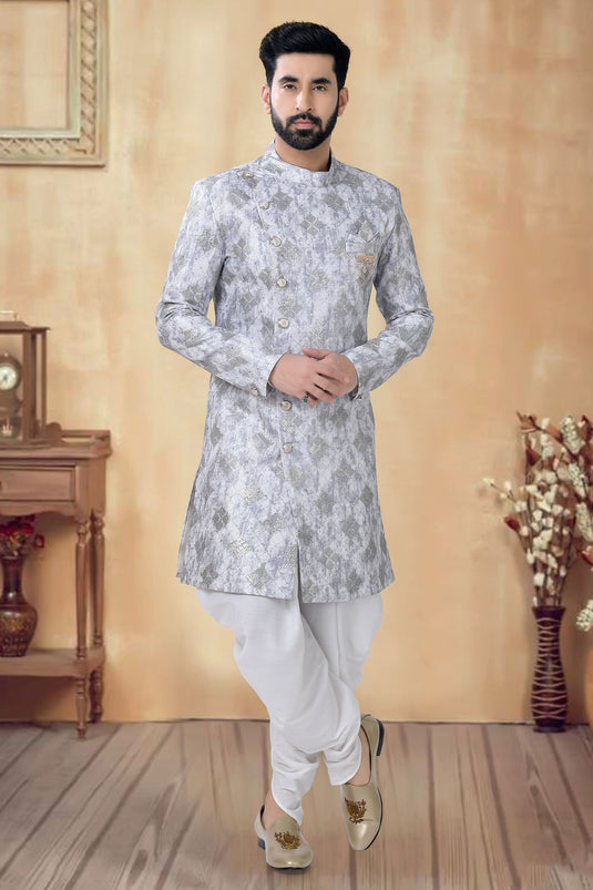 Grey Gorgeous Silk Fabric Wedding Wear Readymade Indo Western For Men