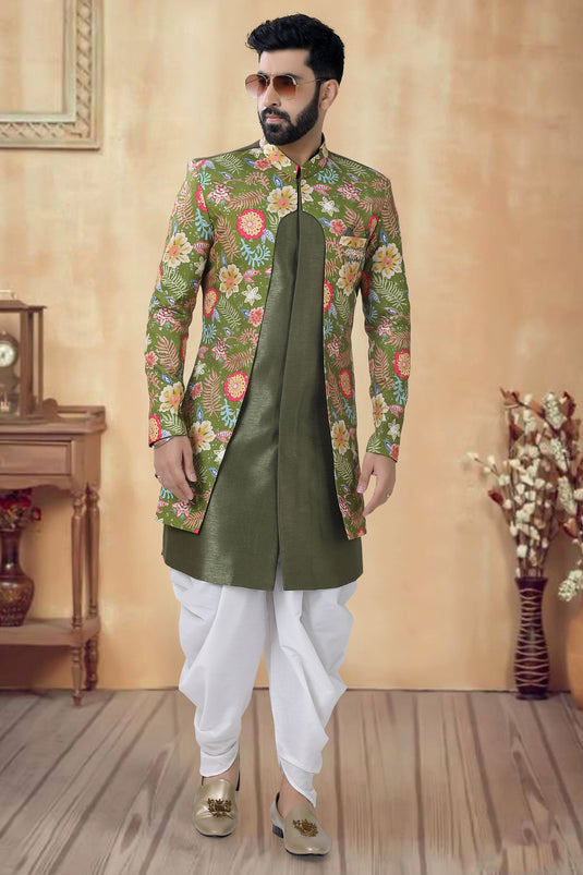 Moss Green Color Silk Fabric Readymade Men Indo Western