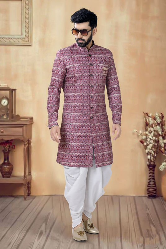 Cotton Fabric Purple Color Festive Wear Readymade Men Stylish Indo Western