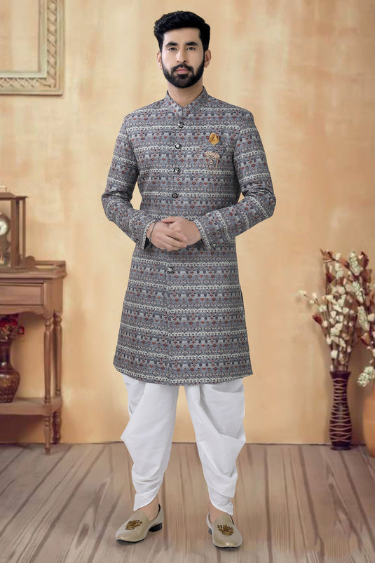 Cotton Grey Color Wedding Wear Readymade Designer Men Indo Western