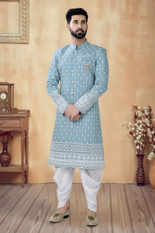 Sky Blue Pretty Silk Fabric Wedding Wear Readymade Men Indo Western