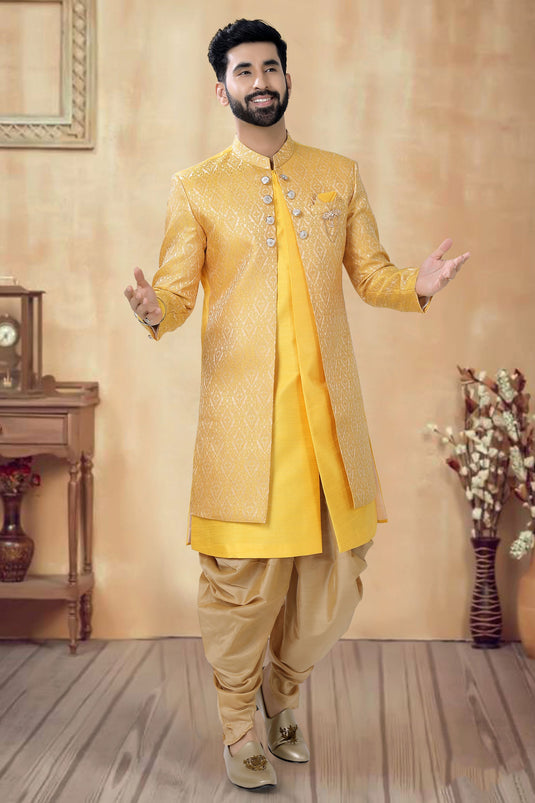 Silk Yellow Magnificent Readymade Men Indo Western