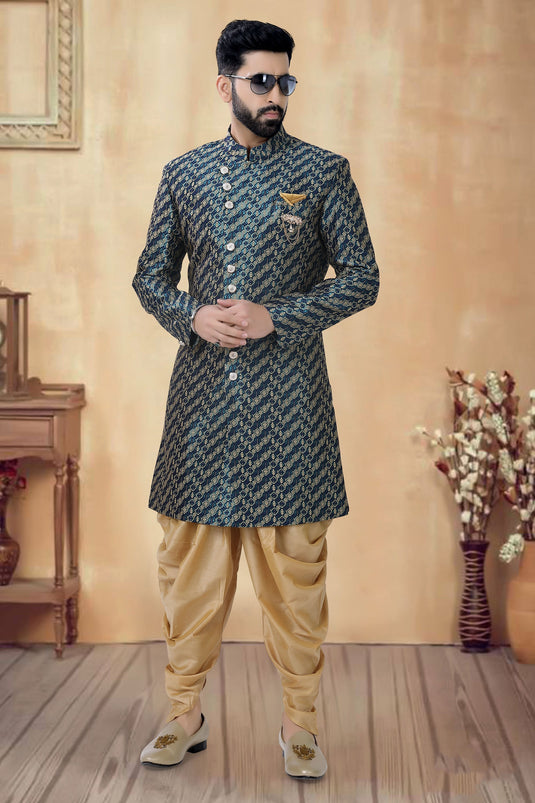 Navy Blue Jacquard Fabric Festive Wear Readymade Indo Western For Men