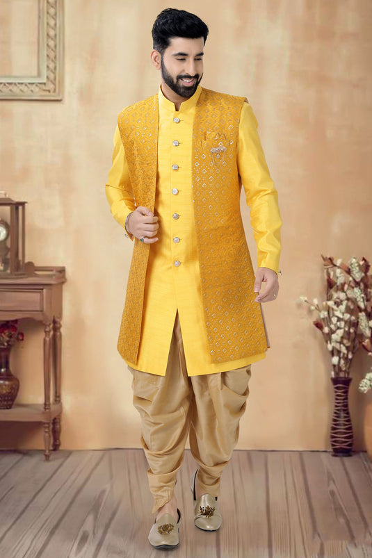 Yellow Color Silk Fabric Wedding Wear Readymade Indo Western For Men