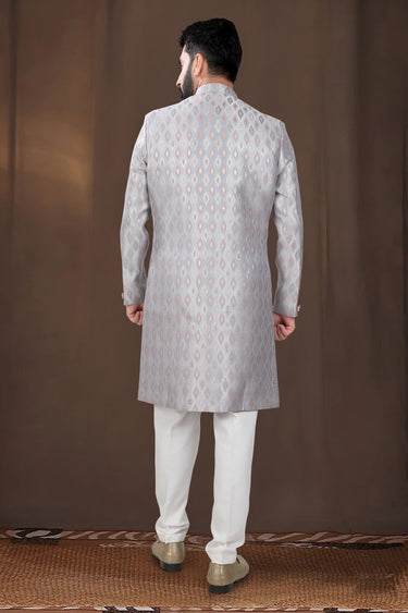 Jacquard Stunning Grey Wedding Wear Readymade Men Indo Western