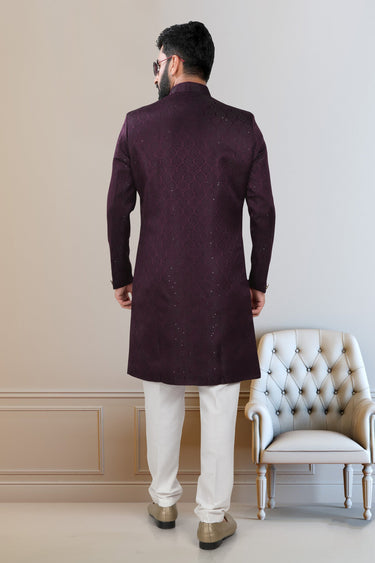 Fancy Fabric Designer Wedding Wear Readymade Indo Western For Men In Wine Color