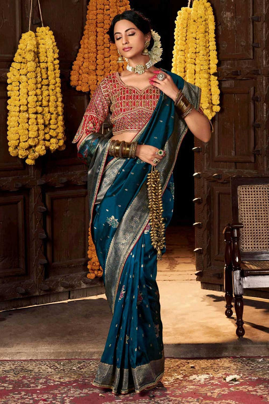 Alluring Teal Color Lace Border Work & Heavy Pallu Saree