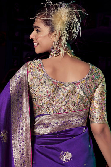 Festive Wear Silk Weaving Border Work Saree In Purple Color