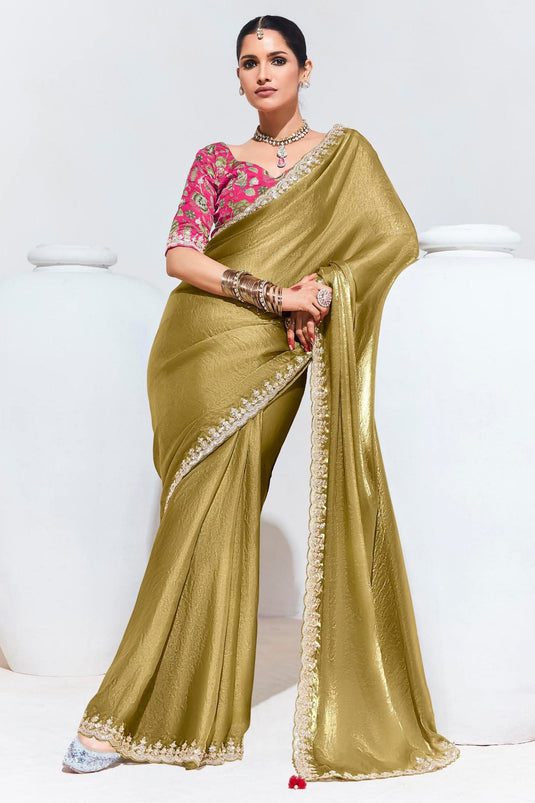 Lace Border Work Golden Silk Fabric Saree