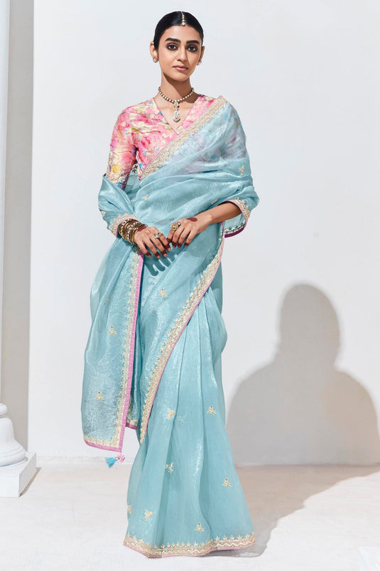 Light Cyan Party Wear Saree With Beautiful Blouse