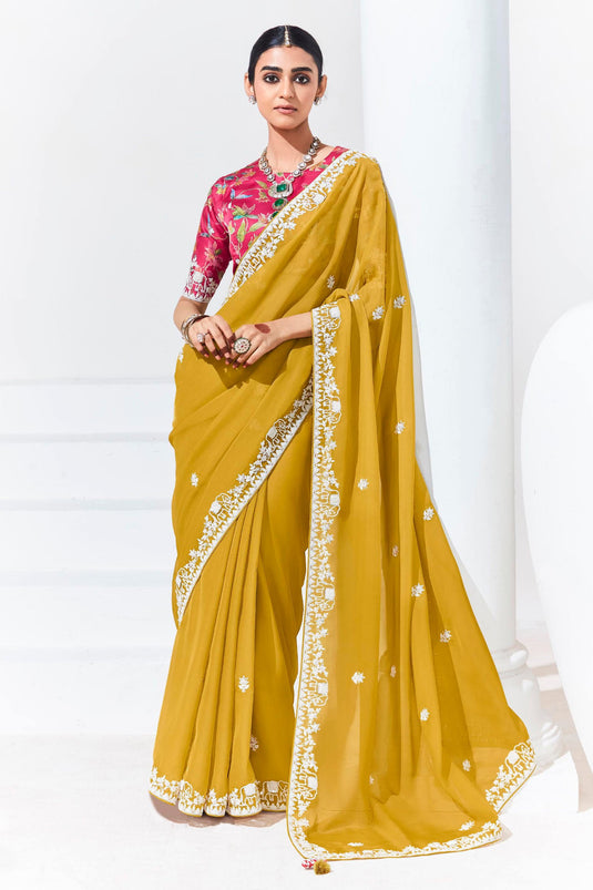 Mustard Silk Saree With Attractive Blouse