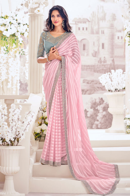 Pink Color Georgette Fabric Embroidered Saree