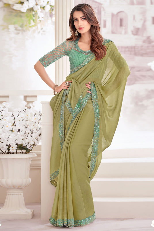 Green Color Georgette Fabric Festive Wear Embroidered Saree