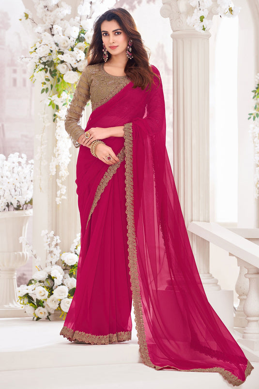 Rani Color Festive Wear Chiffon Fabric Embroidered Saree