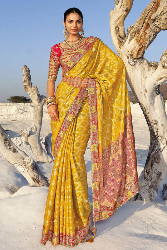 Georgette Wedding Saree In Yellow Color