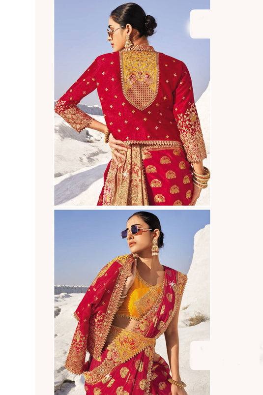 Classic Red Zari Georgette Saree With Jacket