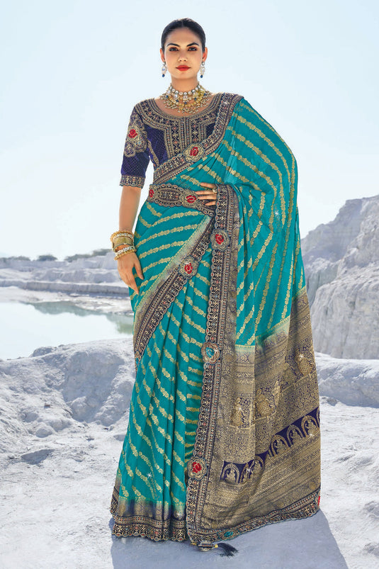 Sky Blue Georgette Saree With Zari Weaving Work