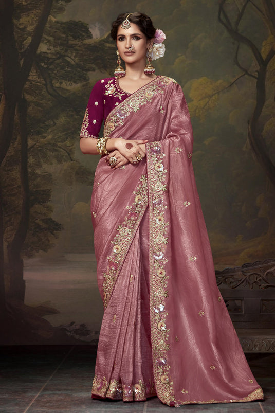 Stunning Pink Silk Fabric Saree