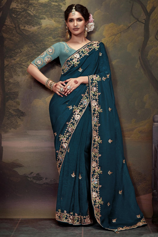 Radiant Teal Color Silk Fabric Saree