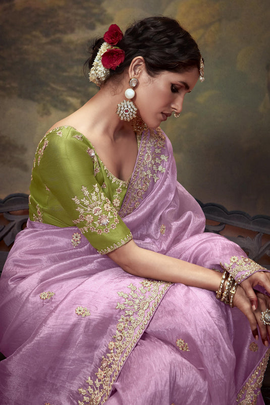 Charming Lavender Silk Festive Saree With Embroidered Border