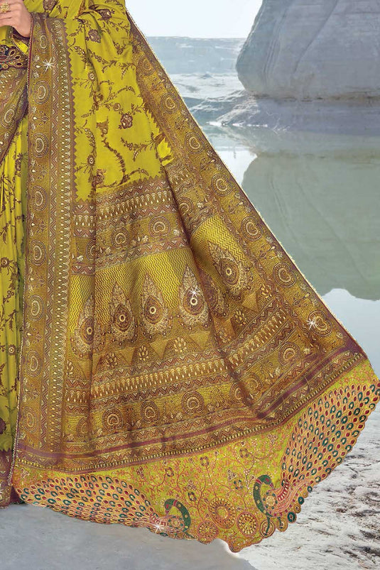 Silk Fabric Mustard Color Delicate Wedding Wear Saree