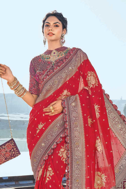 Engaging Red Color Silk Fabric Wedding Wear Saree