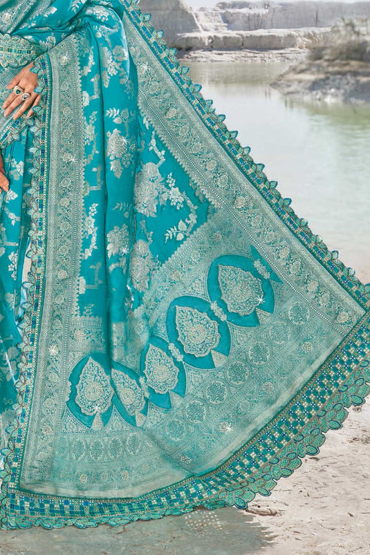 Amazing Cyan Color Silk Fabric Wedding Wear Saree