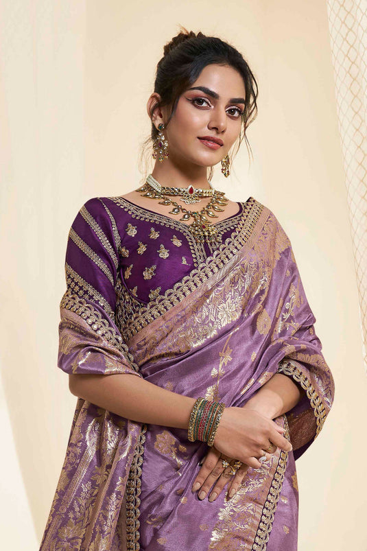 Lavender Color Sangeet Wear Silk Fabric Charismatic Saree