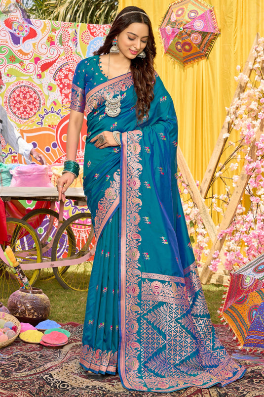 Weaving Work Attractive Function Wear Silk Saree In Teal Color