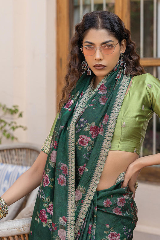 Green Color Printed Work On Viscose Fabric Stunning Saree