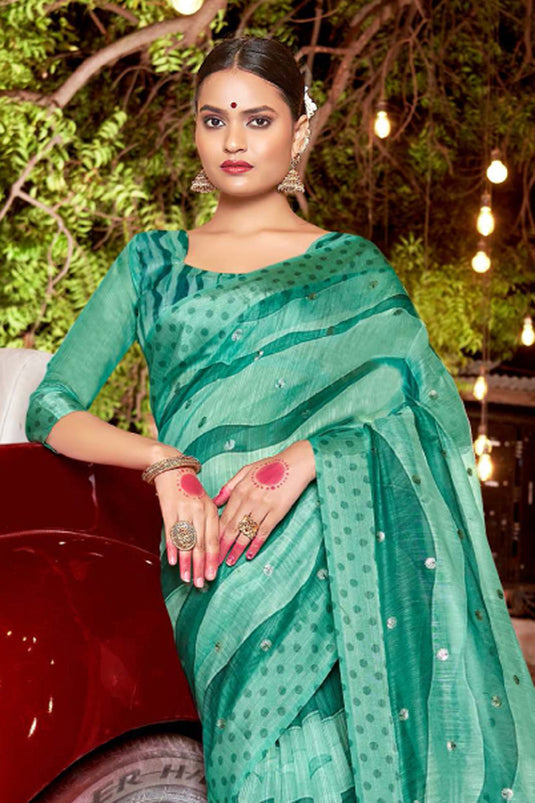 Green Color Printed Work Graceful Art Silk Fabric Saree