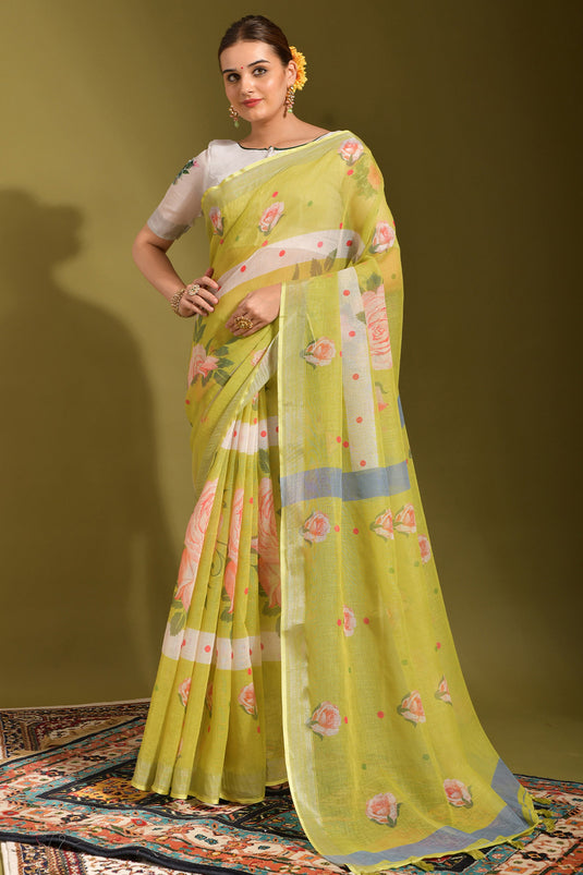 Green Color Linen Fabric Special Saree With Printed Work