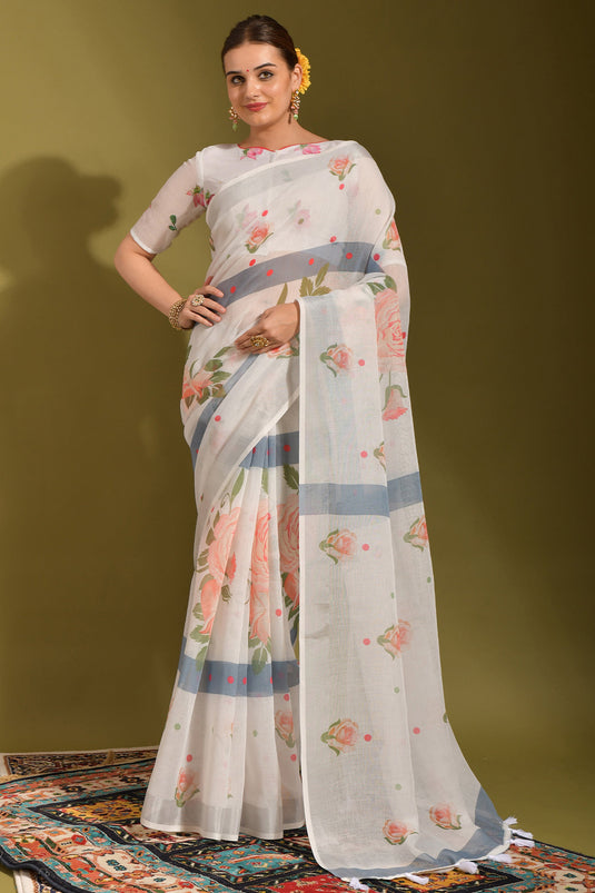Linen Fabric Coveted White Color Saree With Printed Work