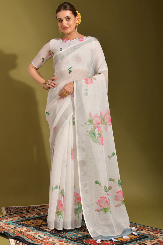 White Color Riveting Linen Fabric Saree With Printed Work