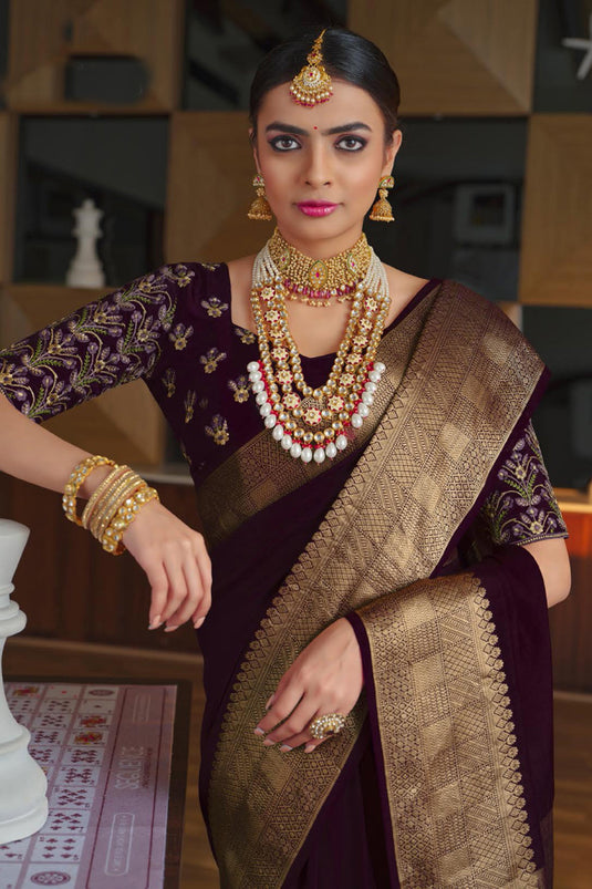 Art Silk Fabric Festive Wear Luxurious Saree In Wine Color