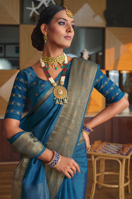 Festive Wear Art Silk Fabric Cyan Color Magnificent Saree
