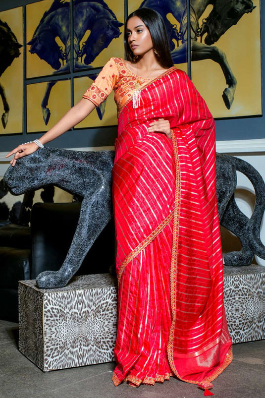 Weaving Work On Captivating Art Silk Saree In Red Color