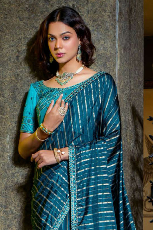 Weaving Work On Awesome Art Silk Saree In Teal Color