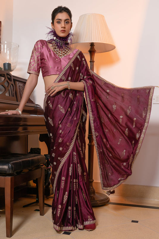 Beguiling Embroidered Work On Wine Color Silk Fabric Saree